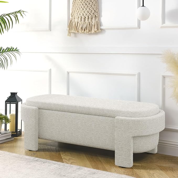 KEIKI 51" Linen Ottoman Bench with Large Storage Space, Upholstered Seating Foot Rest Stool Furniture for Bedroom, Living Room, Entryway, Beige Stripe