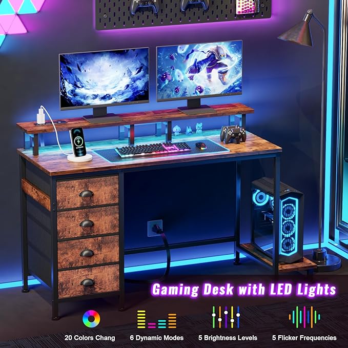 Furologee 47" Computer Desk with 4 Fabric Drawers & Monitor Stand, Gaming Desk with Power Outlets - LED Lights, Home Office Space-Saving Study Table for Bedroom Small Spaces (Rustic Brown)