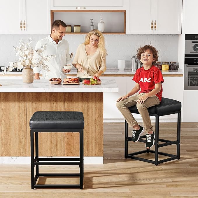 Counter Height Bar Stools Set of 3, 24" Barstools for Kitchen Countertop, Faux Leather Counter Stools with Thick Square Seats & Sturdy Metal Base, Simple Assembly, Black