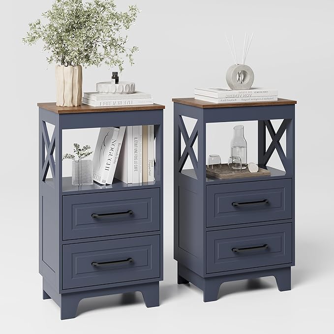 Tall Nightstand Set of 2 Side Table with 2 Drawers Modern Night Stand Wooden Rustic End Table Bedside Table with Upper Open Shelf Solid Feet for Bedroom, Living Room, Navy Blue+Walnut