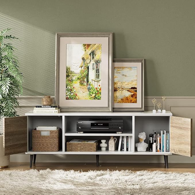 YESHOMY Modern TV Stand for 65" Television, Entertainment Center with Two Storage Cabinets, Retro Style Media Console for Living Room, Bedroom, Office, 58 Inch, Light Brown