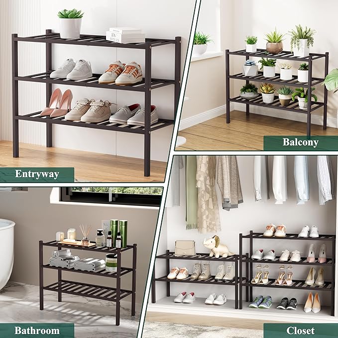 Smiry Shoe Rack, 4 Tier Bamboo Shoe Organizer, Stackable Free Standing Wooden Shoe Storage Shelf for Closet, Entryway, Front Door Entrance, Brown