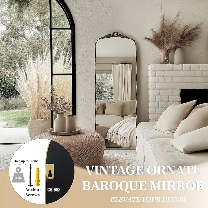 G-LEAF Vintage Baroque Mirror 22"X65", Victorian Antique Farmhouse Mirror with Gold Ornate Metal Frame for Fireplace Entryway Living Room Hallway Bathroom