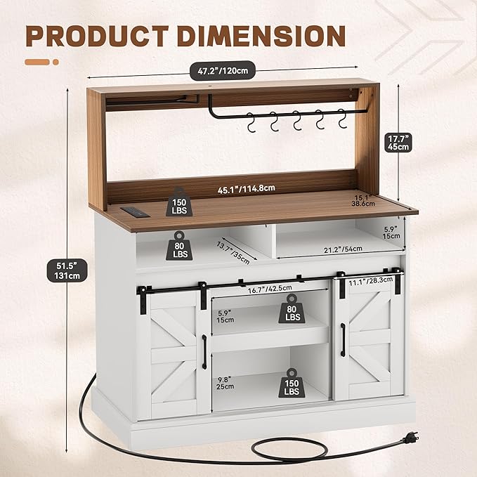 YITAHOME 47" Coffee Bar with Goblet Holder & Power Outlet, Buffet Cabinets with Storage,Farmhouse Sideboard Cabinets with Sliding Barn Doors for Kitchen, Living Room (White)