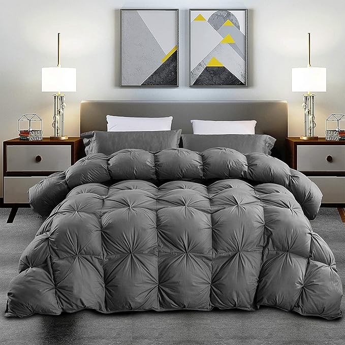 Luxurious Heavyweight Goose Down Feather Fiber Comforter, Exquisite Pinch Pleat Design, Oversize California King/Cal King 108 x 98, 100% Egyptian Cotton, 90 oz Fill Weight, Gray