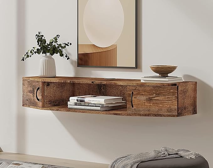 FITUEYES Floating TV Stand Wall Mounted TV Shelf Entertainment Center, Media Console with Cabinet Modern Component for Storage Hutch Under TV for Living Room Office,Rustic Brown