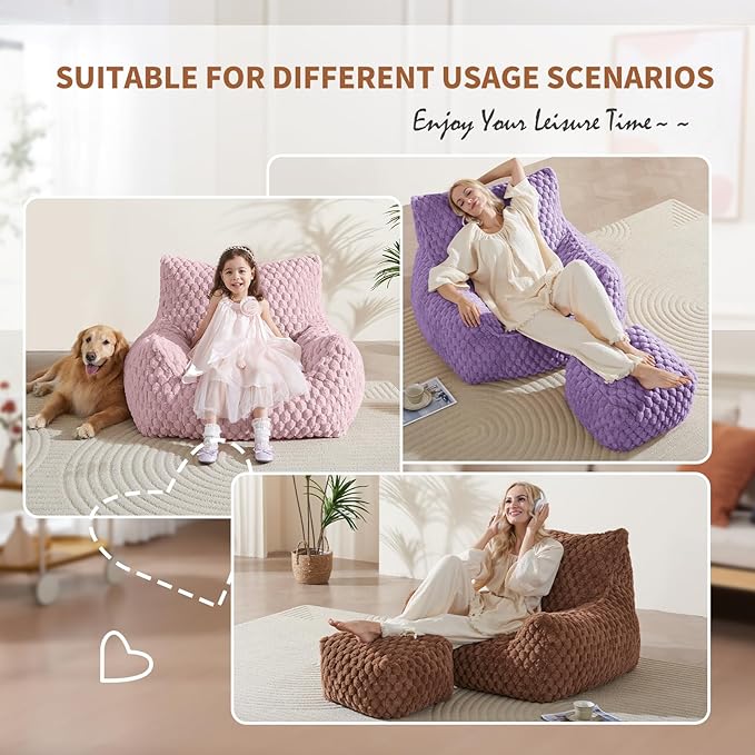 Bean Bag Chair with Ottoman - Modern Comfy Beanbag Sofa with Footrest, Soft Faux Fur Lounger Chair for Adults Teens, Cozy Memory Foam Filled Gaming Reading Chairs for Bedroom, Living Room (Purple)