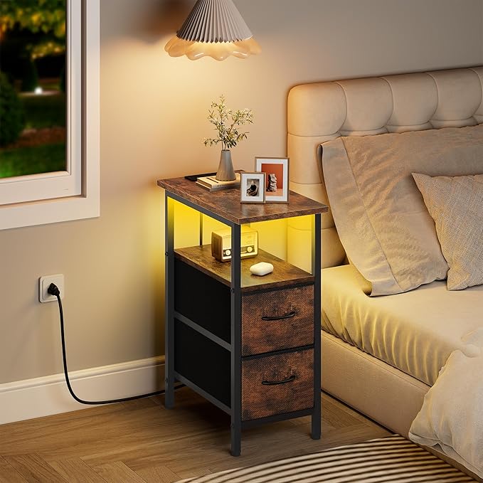 Vagusicc Set of 2 Nightstand with Charging Station and LED Lights, Narrow Side Table, LED Night Stand with 2 Fabric Drawers, Bedside Table Small End Table, Tall Nightstand for Bedroom, Rustic Brown