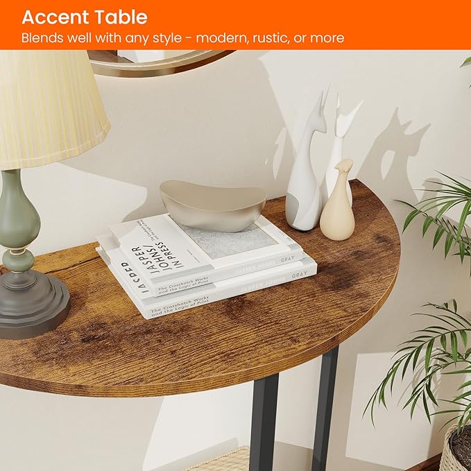 Homode Half Moon Table, Small Entryway Table, Half Round Entry Table, Narrow Half Circle Console Tables for Small Spaces, Hallway, Wood Front Entrance Tables, Rustic Brown and Black