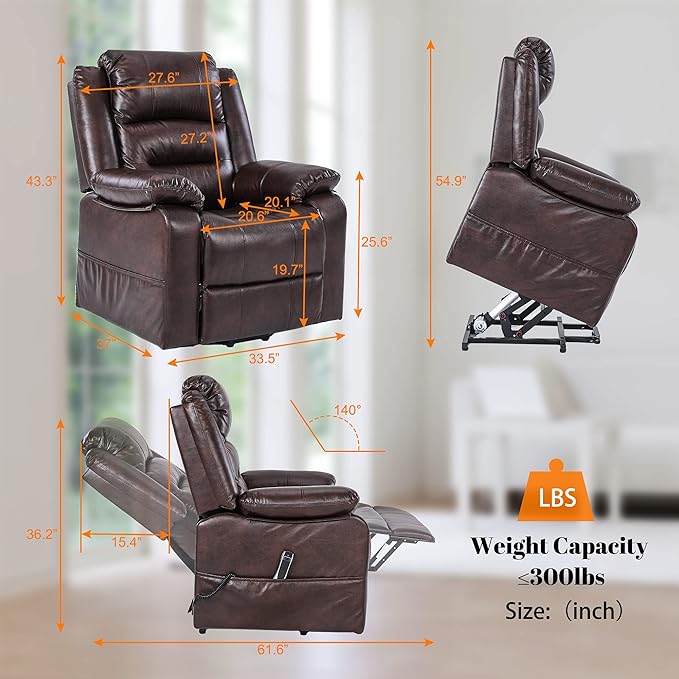 S*MAX Lift Chairs Recliners for Elderly Power Recliner Chairs Full Air Leather Electric Recliner Chairs Side Pockets USB Charge Port and Remote Control Power Lift Recliners Brown