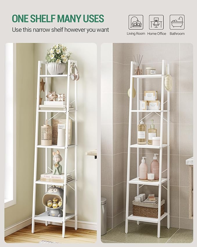 Ladder Shelf, Bookshelf Bookcase, Freestanding Corner Storage Shelve with 2 Hooks for Home Office, Living Room, Kitchen, Bedroom, Industrial, 5-Tier White BC03213W