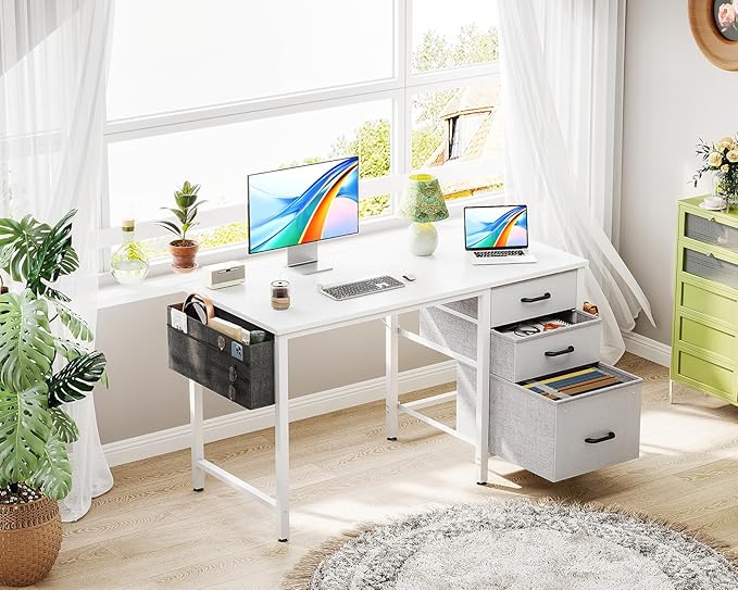 Casaottima 40 Inch Small Home Office Computer Desk for Bedroom with Fabric Drawers & File Cabinet, Cloth Storage Bag and Hook, Writing Study Work Desk for Small Space, Snow White