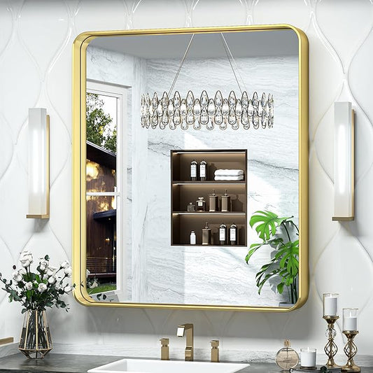 TokeShimi 32x36 Inch Gold Bathroom Mirror for Wall Metal Rounded Corner Rectangle Mirror Metal Frame Deep Set Design Hangs Horizontal Or Vertical