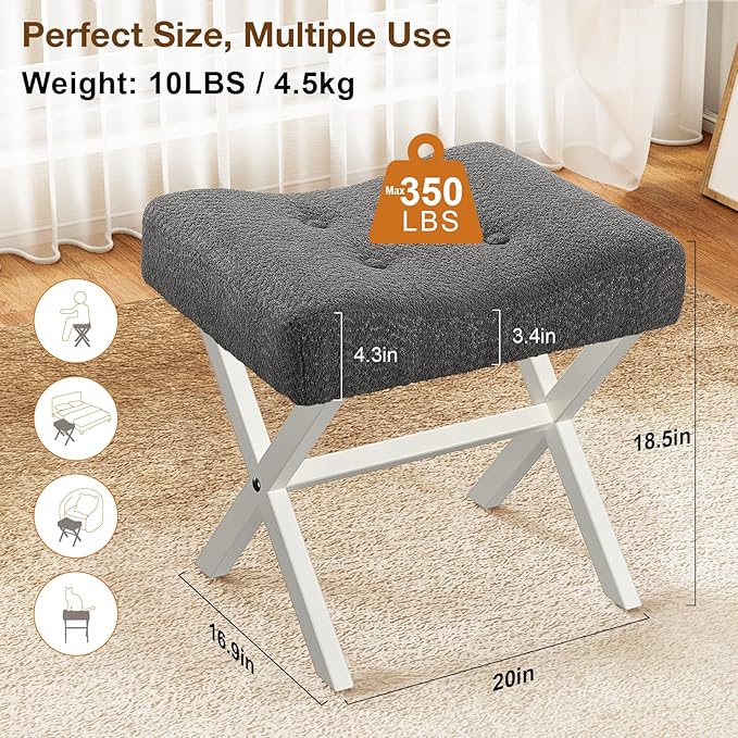 18-Inch Large Vanity Stool Chair, Vanity Bench with Metal X-Legs, Ottoman Foot Stool with Breathable and Soft Boucle Fabric Saddle Seat, Grey
