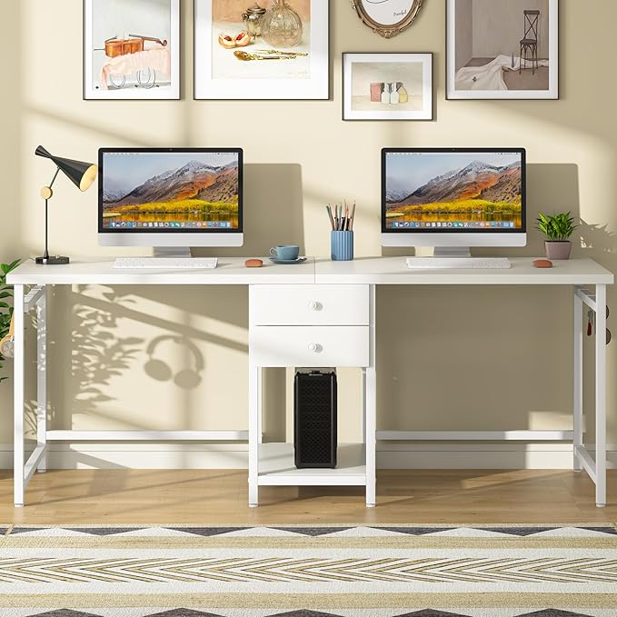 Tribesigns 79 Inch Extra Long Desk, Double Desk with 2 Drawers, Two Person Desk Long Computer Desk with Storage Shelves, Writing Table Study Desk for Home Office, White