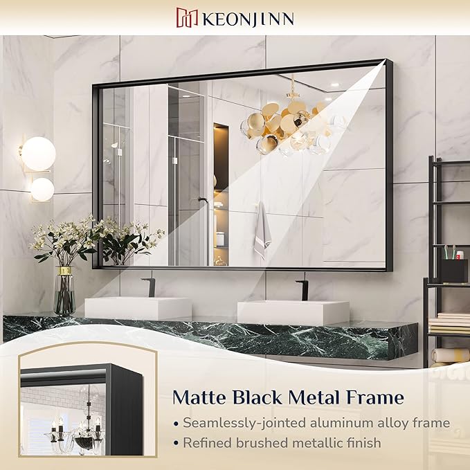 Keonjinn 60 x 36 Inch Black Bathroom Mirrors for Over Sink, Large Metal Framed Rectangle Vanity Mirror for Wall, Matte Black, Square Corner, Oversized, Sturdy & Solid(Horizontal/Vertical)