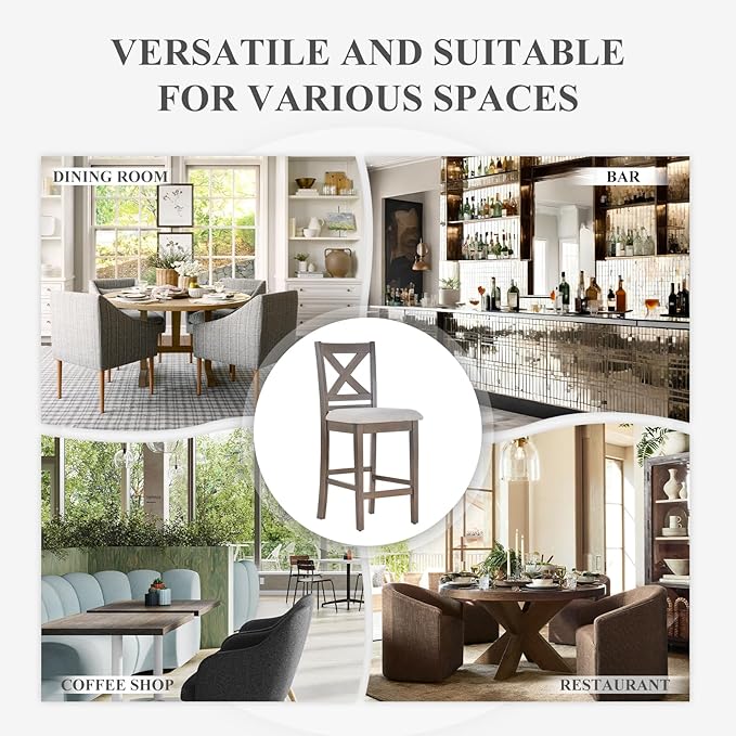 COLAMY Wooden Bar Stools Set of 2, Counter Height Bar Stools, Mid Century Modern Bar Stools with Backs, 25 Inch Upholstered Fabric Wooden Barstools for Kitchen Island Dining Room Bar, Light Brown Wash