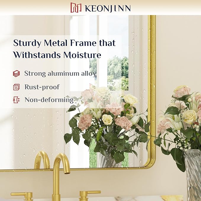 Keonjinn Gold Bathroom Mirrors for Over Sink 24 x 36 Inch Brushed Brass Metal Framed Mirror, Rounded Rectangle Bathroom Vanity Mirror, HD Tempered Glass Modern Mirror for Wall(Horizontal/Vertical)