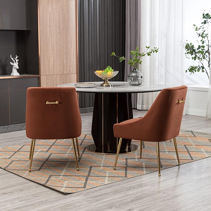 Velvet Dining Chairs Set of 2, Furniture Collection Modern Contemporary Upholstered with Polished Gold Metal Legs(Brown, Set of 2)