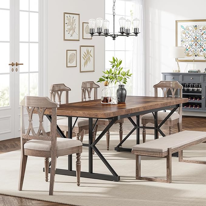 Tribesigns Farmhouse Dining Table for 6 People, 70.8-Inch Rectangular Wood Dining Table, Rustic Kitchen Table with Heavy Duty Metal Legs for Dining Room