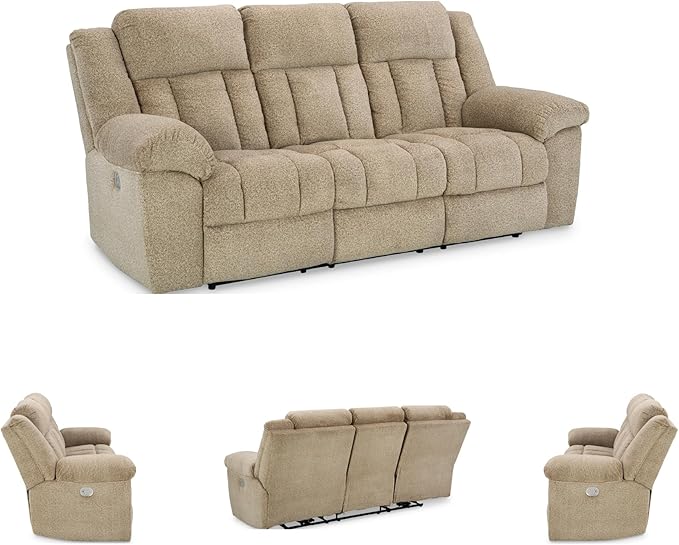Signature Design by Ashley Tip-Off Classic Wall Hugger Power Reclining Sofa with Adjustable Headrest and USB Ports, Light Brown