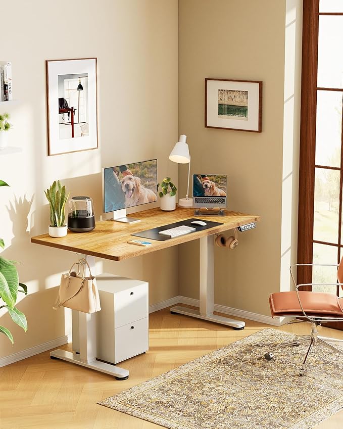 ErGear Height Adjustable Electric Standing Desk, 40 x 24 Inches Sit Stand up Desk, Small Memory Computer Home Office Desk with Two-Piece Desktop (Light Vintage Brown)
