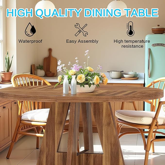 47" Round Dining Table for 4-6, Modern Dinner Table Farmhouse Round Small Kitchen Tables with Wooden Cross Base for Dining Room, Kitchen, Living Room, Vintage Brown