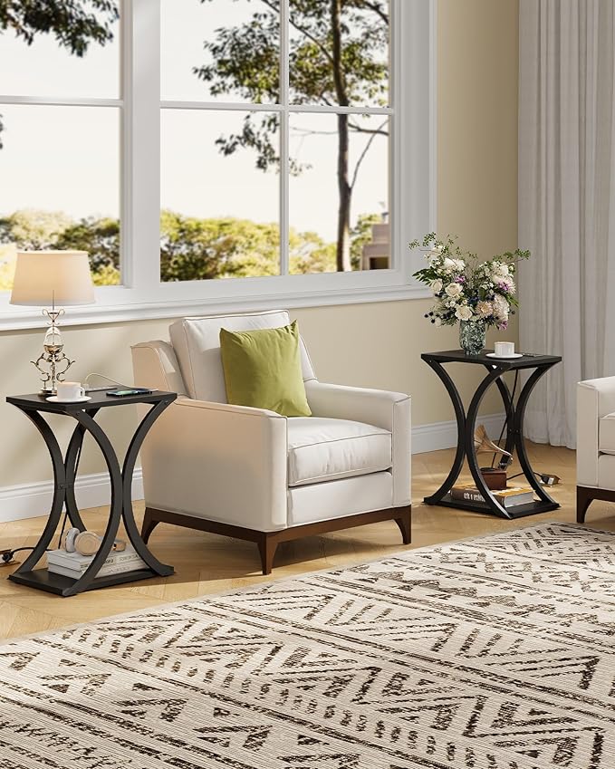 End Table with Charging Station, 2-Tier Modern Side Table Set of 2, Nightstand with Storage Shelf, for Small Spaces, for Bedroom, Living Room, Home Office, Black TBZ20UP2BB