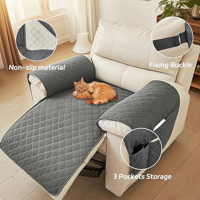 MEHIDFY Sofa Seat Arm Cover, Waterproof Couch Armrest Protector, Anti-Slip Sofa Cover, Remote Holder for Armchair, Dual Side Recliner Caddy with 3 Pockets for TV Remote, Phone, Pad, Pen, Book(Grey)