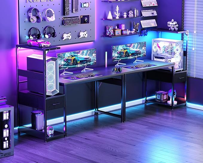 Casaottima 48 Inch Gaming Desk with Storage & LED Lights, Reversible Computer Desk with Display Shelves & Fabric Drawer, Modern Gamer Desk Table with Side Headphone Hook, Carbon Fiber Black