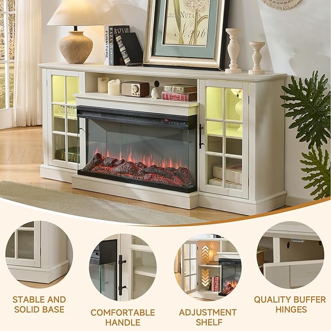 ROCKPOINT 3 Sided Glass 70" Fireplace TV Stand for TVs up to 80", Media Entertainment Center with Glass Door Storage Cabinet for Living Room,36" Electric Fireplace & Adjustable LED Light,White