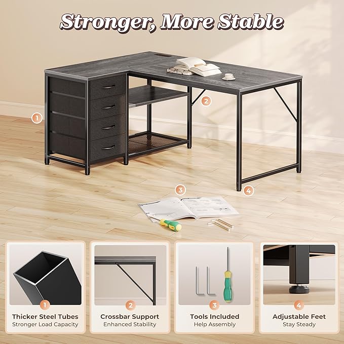 PRAISUN 43.3" Small Computer Desk with Power Outlets and USB-C Port, Reversible L Shaped Corner Office Desk with 4 Fabric Drawers and 2 Height-Adjustable Shelves, for Gaming Writing, Grey