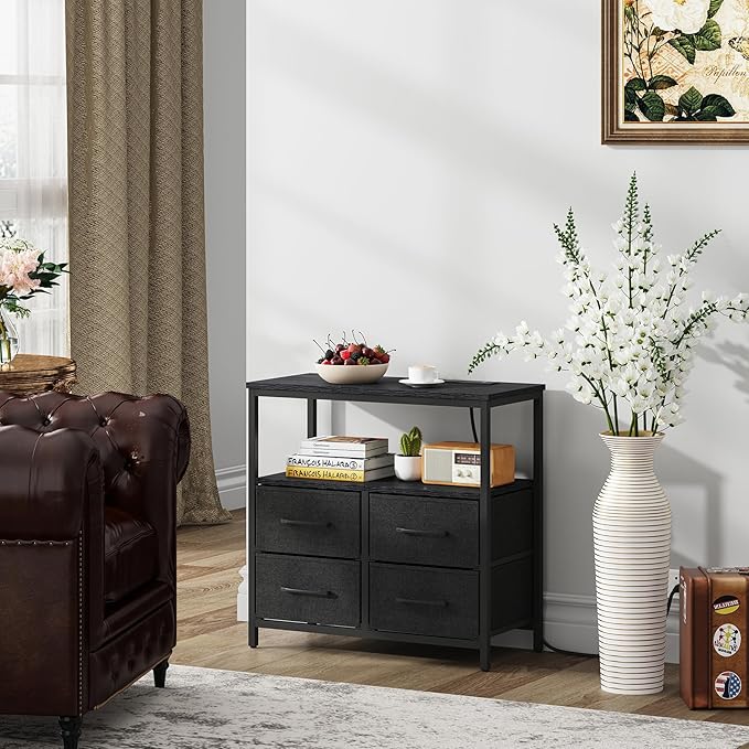 TUTOTAK Large Night Stand with Charging Station, Nightstand with USB and Type-C Port, Bedside Table with Cloth Drawers, End Table for Livingroom, Bedroom, Black TB01BK081