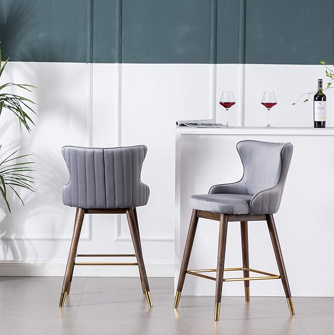 Roundhill Furniture Leland Fabric Upholstered Counter Height Wingback Stools, Set of 2, Gray