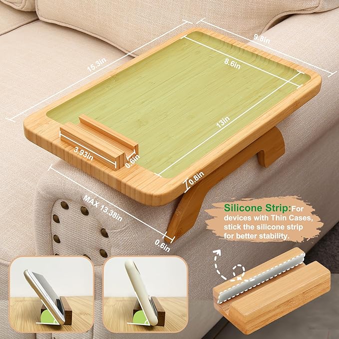 SINWANT Couch Arm Tray,Bamboo Sofa Clip on Side Table,Foldable Couch Armrest Table with 360° Phone Holder,Food Trays for Eating/Drinks/Snacks/Remote