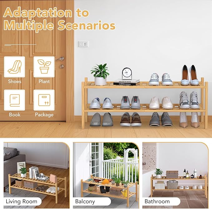 Haddockway Long 2 Tier Bamboo Shoe Rack Storage Organizer,Multifunctional Free Standing Stackable Shoe Shelf with Grid Panel for Closet,Hallway,Entryway,Small Space 34.2"x11"x13"(Natural, 2-Tier Long)