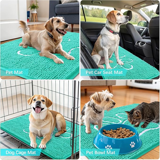 OLANLY Door Mat for Muddy Dog Paws 36x24, Ultra Absorbent Chenille Mud Doormat with Paw Print Design, Non-Slip Washable Doormat for Indoor Entryway, Quick-Dry Pet Bed Mats for Dirty Dogs, Teal