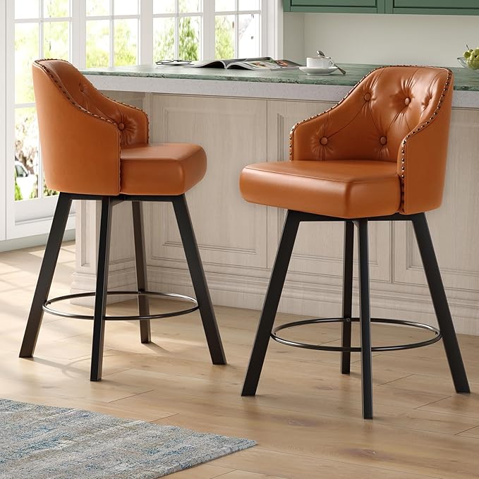 Tatub 26“ Brown Swivel Bar Stools Set of 2, Counter Height Bar Stools with Back, Upholstered Faux Leather Kitchen Barstools Counter Height for Kitchen Island