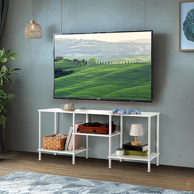 White TV Stand with Storage for 50 Inch TV Modern Entertainment Center with Open Storage Shelves 3 Tier Wood TV Console Table Media Cabinet for Living Room Bedroom Office