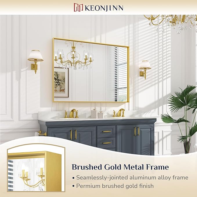 Keonjinn Gold Bathroom Mirror 48” x 36” Brushed Gold Metal Framed Mirror Rectangular Large Wall Mirror Square Corner Gold Vanity Mirror Oversized Rectangle Mirror for Over Sink(Horizontal/Vertical)
