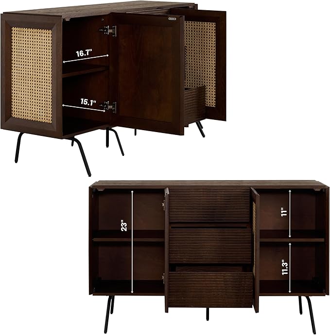 NTC MOSSIC Sideboard with 2 Doors and 3 Drawers, Buffet Cabinet with Natural Rattan and Metal Legs, Modern Storage Cabinet for Living Room, and Hallway, Effortless Assembly - Dark Walnut