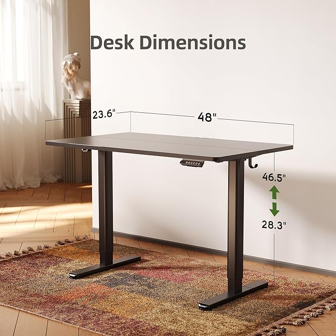 Seang Standing Desk with Adjustable Height, 48x24 Inch Electric Stand Up Desk for Home Office, Studio, Computer Workstation, Black Top