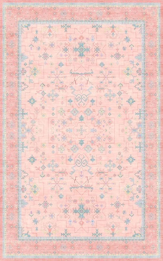 Pink and Blue Washable 5x8 Living Room Rugs, Boho Aethestic Oushak Vintage Area Rug for Bedroom Girls Kids Playroom Nursery Room, Non-Slip Rubber Backing Stain Resistant