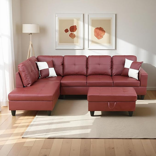 Osparple L Shaped Couch Faux Leather Sectional Couches for Living Room Upholstered 3 Pieces Modular Sectional Sofa with Chaise, Ottoman with Storage for Living Room and Small Apartment, Dark Red