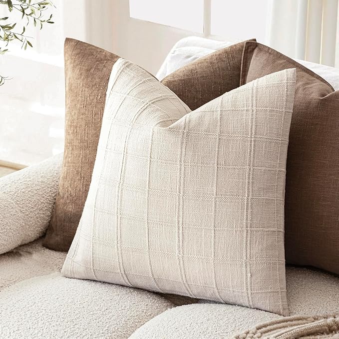 Foindtower Set of 2 Decorative Linen Check Throw Pillow Covers Neutral Farmhouse Vintage Cushion Covers Modern Boho Home Decor For Sofa Chair Couch Bedroom Living Room Outdoor,22×22 Inch,Natural Beige
