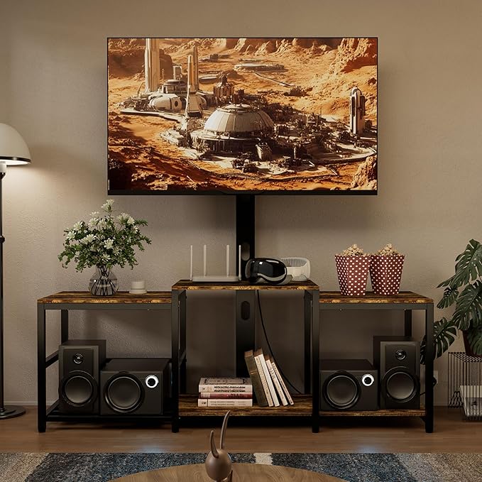 Aquzee TV Stand with Mount for up to 75 inch with Power Outlet, 58”W Wood Entertainment Center with Record Player Storage for 50 55 60 65 70 75 inch TV, Height Adjust Swivel Mounted Television Stand