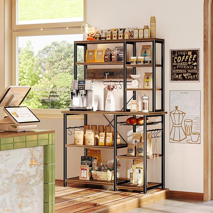 SUPERJARE Large Bakers Rack with Power Outlets, 6-Tier Microwave Stand, Coffee Bar with 12 S-Shaped Hooks, Kitchen Shelf with Wire Basket, 39.3 x 15.5 x 66.9 Inches, Rustic Brown