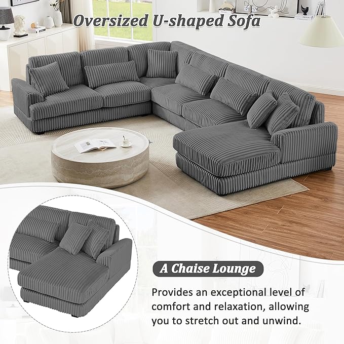 129" Oversized U Shaped Modular Sectional Sofa Couch for Living Room 7 Seater Plush Corduroy Upholstered Large Sofa Deep Seat Cloud Couch with Extra Wide Chaise Lounge and Detachable Thick Cushions