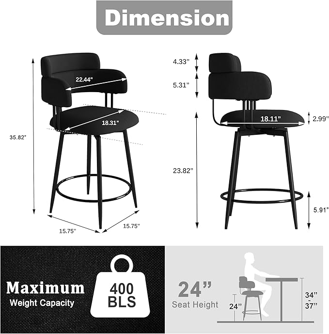 Swivel Bar Stools Set of 2, Counter Height Bar Stools with Ergonomic Full Back, Upholstered Linen Fabric Barstools with Chrome Metal Footrest for Kitchen Island, Dining Room