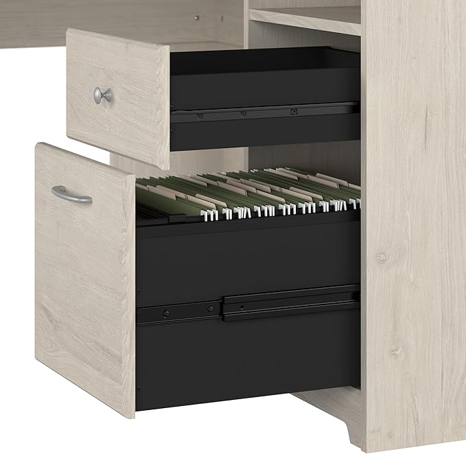 Bush Furniture Cabot L Shaped Desk with Hutch | Corner Desk with Storage for Home Office in Linen White Oak | 60W L Shaped Computer Desk